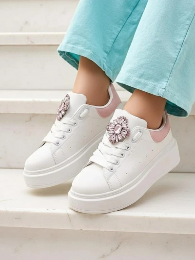 Damen-Sneakers Hypatia Bianco aus Öko-Leder mit Verzierung und rosa Akzent