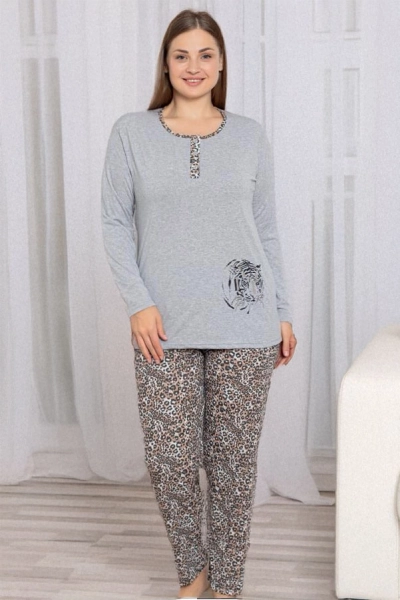 Royalfashion Graue Damen 2-teilige Leopardenmuster Pyjamas IN GROßEN GRÖSSEN