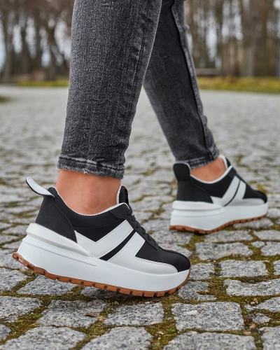 Schwarze Damen-Sportschuhe aus Öko-Leder mit bunten Einsätzen Tifora- Footwear