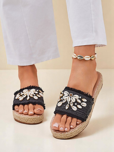 Damen Sandalen Royalfashion Helena Decor schwarze Espadrilles mit Muscheln