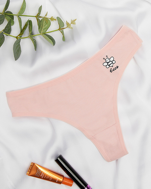 Світло-рожеві бавовняні жіночі одноколірні стрінги з принтом - Нижня білизна