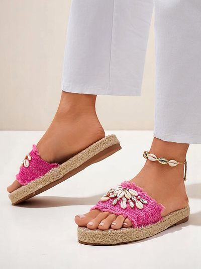 Damen Pantoletten Royalfashion Callista Fuchsia auf Plateau mit Muscheln