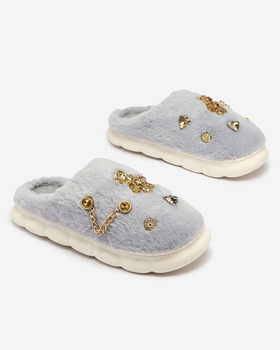 Royalfashion Blaue Damenpelzpantoffeln mit Ornamenten Erserra
