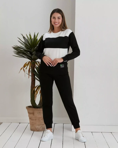 Royalfashion Schwarzes gestreiftes Damen-Sweatshirt-Set