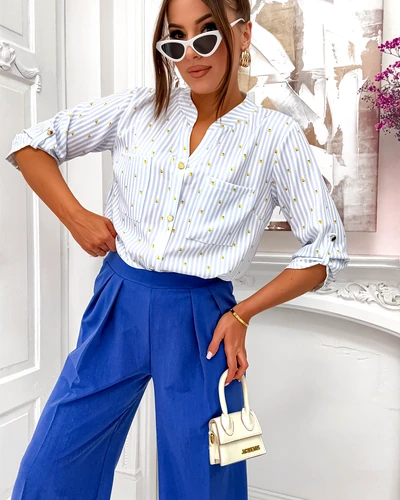 Royalfashion Damen gestreiftes Hemd mit Zitronen und V-Ausschnitt