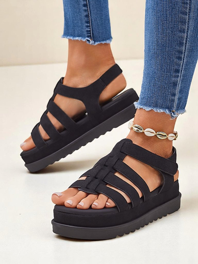 Damen Sandalen Heraclea Royalfashion auf Plateau schwarz aus Öko-Leder