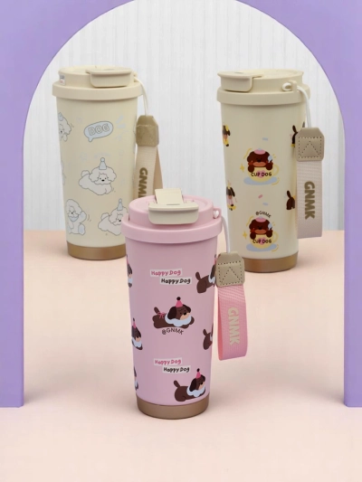 Royalfashion Thermobecher mit einem Korb, Strohhalm und Auslauf Happy Dog