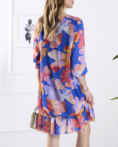 Marineblaues knielanges Damenkleid mit Druck und Rüsche - Kleidung