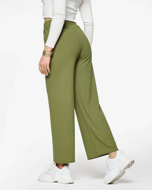 Зелені жіночі широкі брюки в рубчик - Одяг