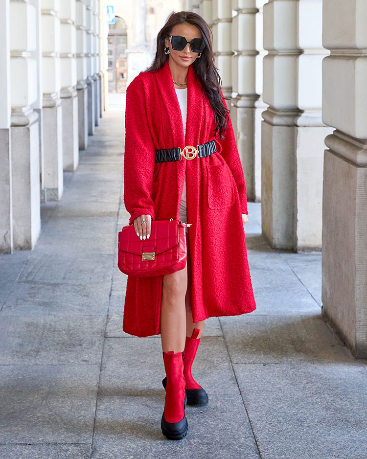 Royalfashion Blauer Damenmantel aus Schafsfell mit Gürtel