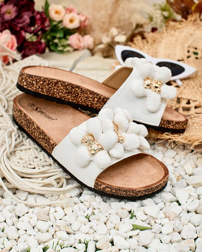 Royalfashion Damen Flip-Flops mit goldenen Teddybären und Blumen Isaralle
