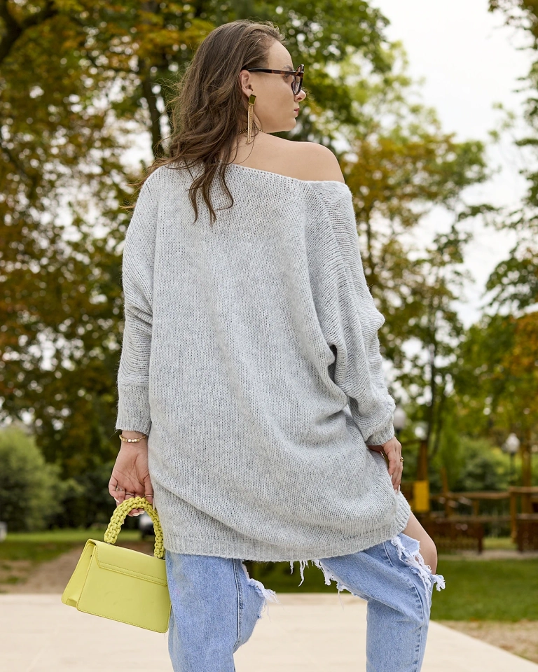 Royalfashion Grauer langer Oversize-Pullover für Damen