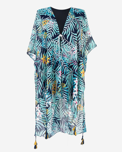 Marineblauer und grüner Damen-Pareo mit Blättern - Kleidung