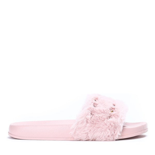 Różowe klapki z futerkiem i ćwiekami Adina - Obuwie