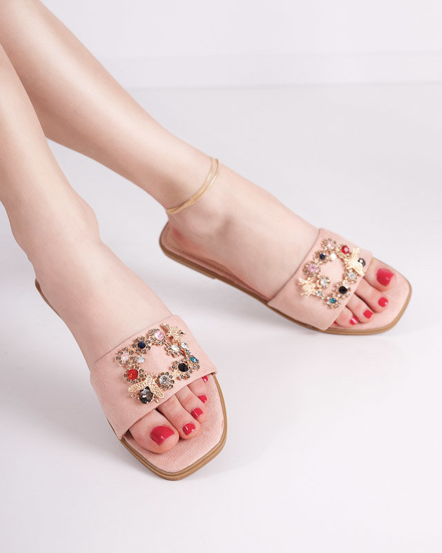 Rosa Öko-Wildleder-Slipper für Damen mit goldener Schnalle Kom- Footwear