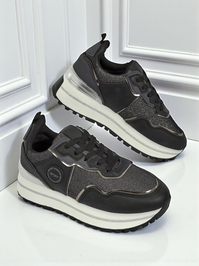 Damen-Sneakers Callista Nero mit 4 cm Plateau, ökologisches Leder