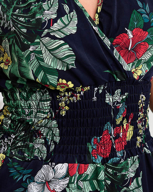 Жіночий темно-синій короткий комбінезон з квітковим мотивом - Одяг