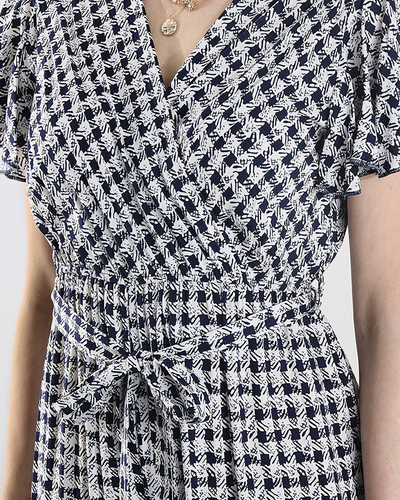 Gemusterter langer Damenanzug mit Bindeband in marineblau- Kleidung