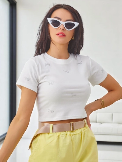 Royalfashion Damen Baumwoll-Crop-Top mit bogenförmigen Strasssteinen