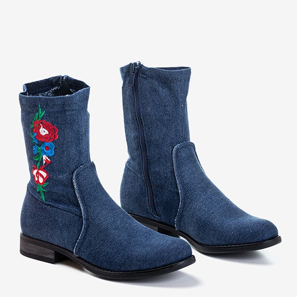 Dunkelblaue Stiefel mit flachem Absatz und Muraja-Stickerei - Schuhe