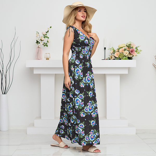 Schwarzes Maxikleid für Damen mit blauen Blumen - Kleidung