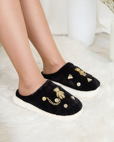 Royalfashion Schwarze Damenpelzpantoffeln mit Ornamenten Erserra