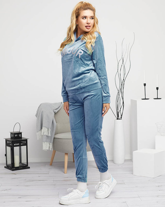 Blaues Damen-Sweatshirt-Set mit Aufschrift und Kristallen - Kleidung