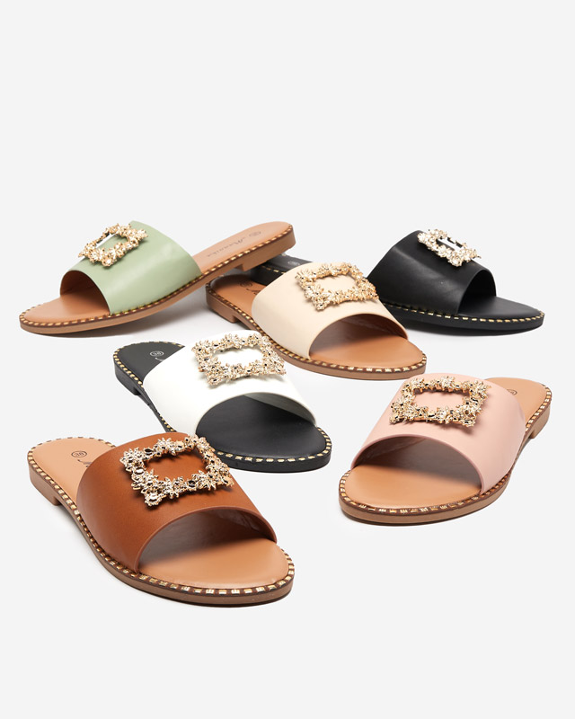 Hellbraune elegante Damenhausschuhe mit goldener Verzierung Meriso - Schuhe