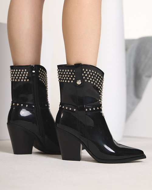 Чорні ковбойські чоботи на високій халяві зі стразами Loulur- Footwear