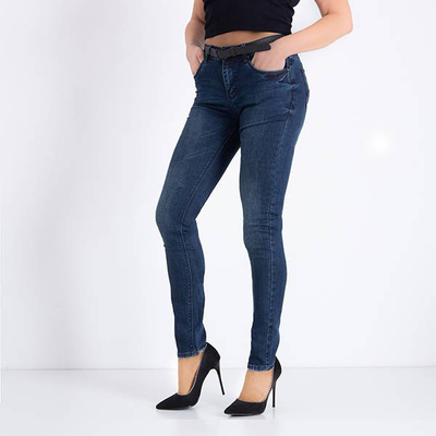 Dunkelblaue Damen-Jeanshose mit Gürtel - Kleidung