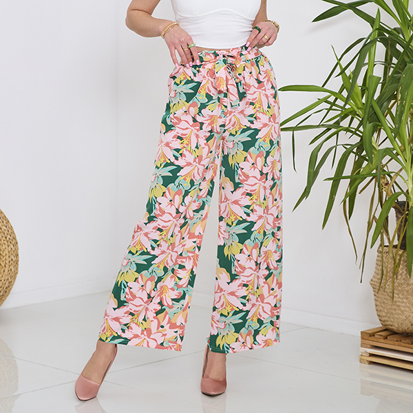 Grüne Damen-Palazzohose mit rosa Blumen - Kleidung