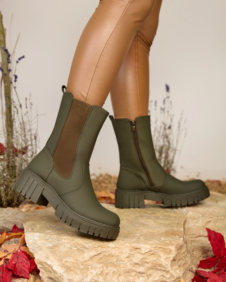 Royalfashion Dunkelgrüne matte hohe Damenstiefel Dirmany