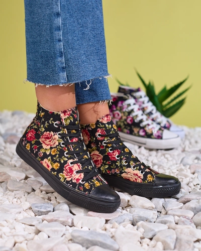 Royalfashion Damen hohe schwarze Sneakers mit Blumendruck Fahenna