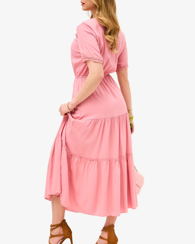 Rosa langes Damenkleid mit kurzen Ärmeln- Kleidung