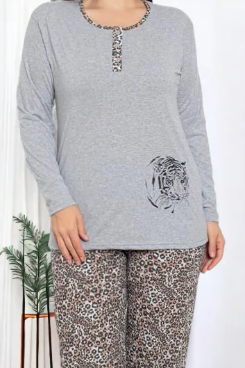 Royalfashion Graue Damen 2-teilige Leopardenmuster Pyjamas IN GROßEN GRÖSSEN