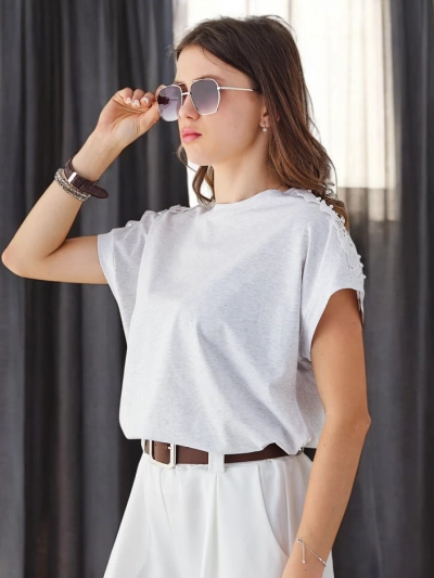 Royalfashion Baumwoll-Damen-T-Shirt mit Spitzenärmeln