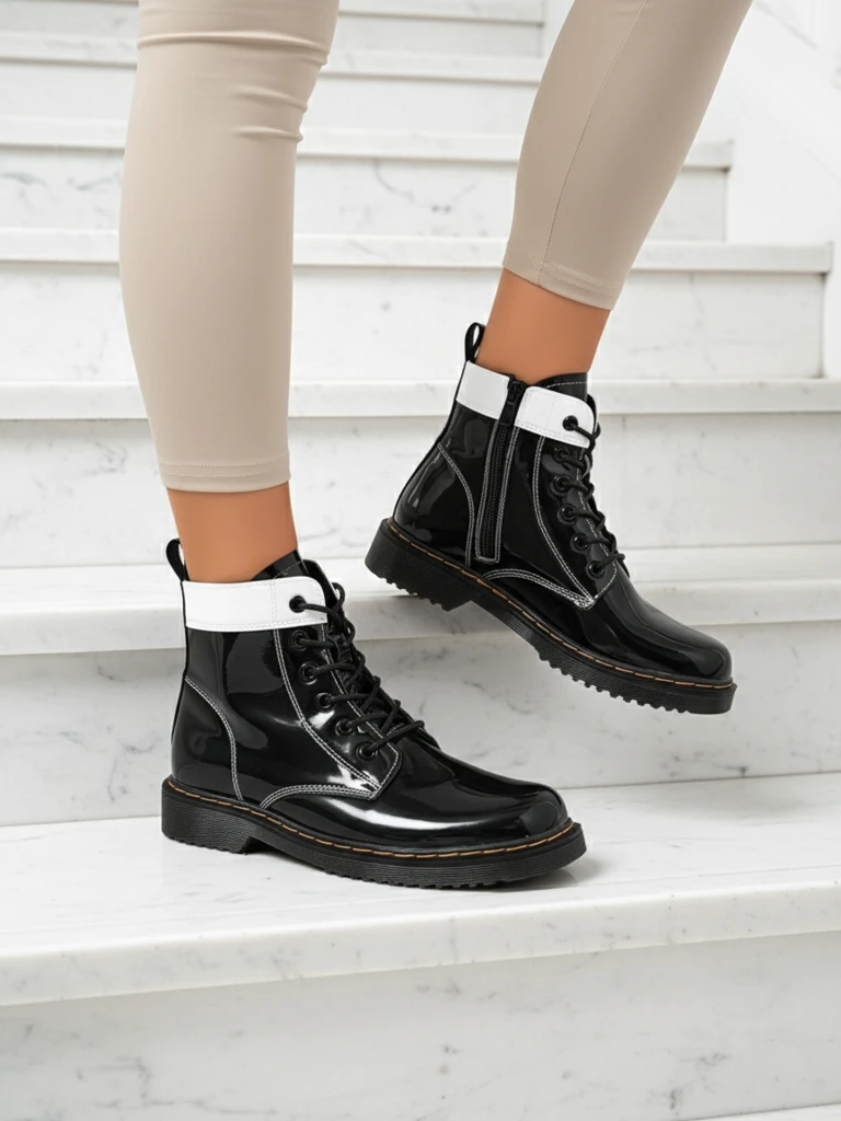 Damen Stiefeletten Perseida Nero aus ökologischem Lackleder, zum Schnüren