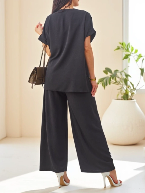 Royalfashion Жіночий бавовняний комплект з короткими рукавами та широкими штанами