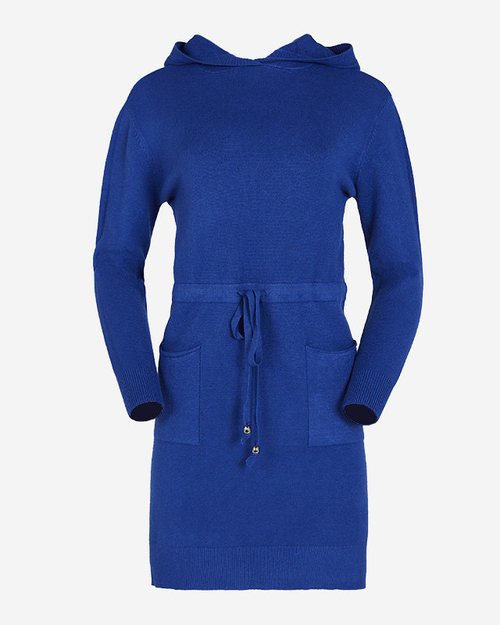 Темно-синій жіночий светр-туніка з капюшоном