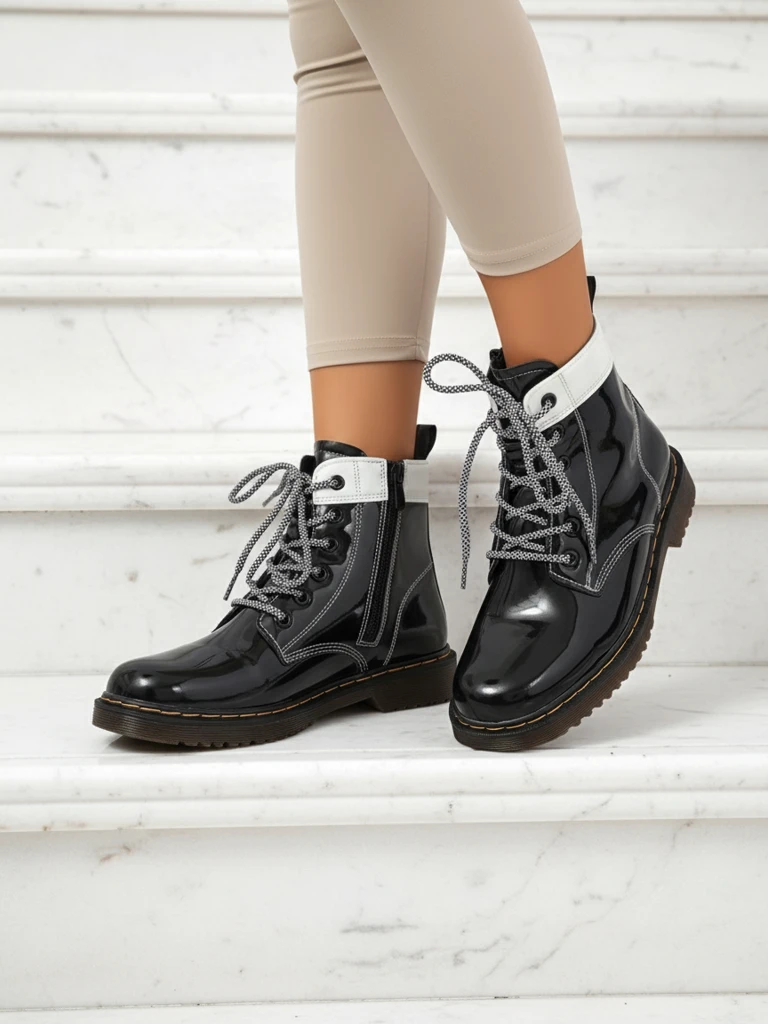 Damen Stiefeletten Perseida Nero aus ökologischem Lackleder, zum Schnüren