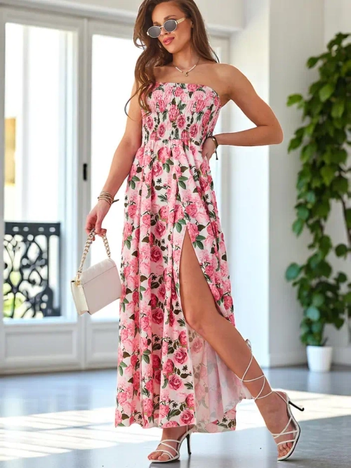 Royalfashion Візерунковий жіночий міді-сукня без рукавів з широкою еластичною стрічкою та розрізами внизу