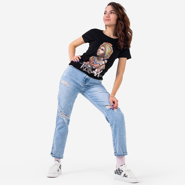 Schwarzes Damen-T-Shirt mit buntem Aufdruck und Pailletten - Kleidung