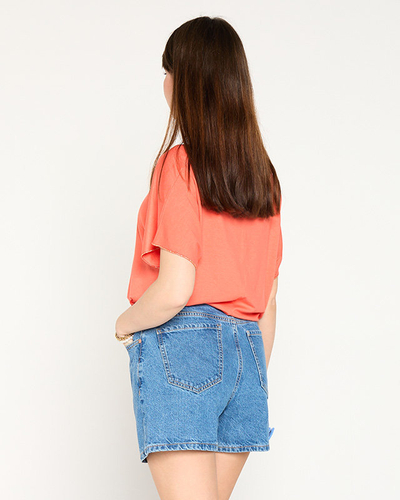 Orangefarbenes Damen-T-Shirt mit Golddruck und Zirkonia - Kleidung