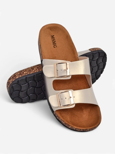 Damen Sandalen Royalfashion Aurelia gold – flache Pantoletten aus Öko-Leder (Größe 39)