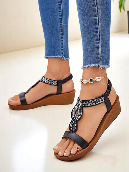 Sandalen Keilabsatz Perseida Royalfashion schwarz aus Eco-Leder mit Kristallen 4,5cm