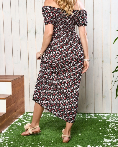 Schwarzes Damen Midikleid mit Blumenmuster - Kleidung