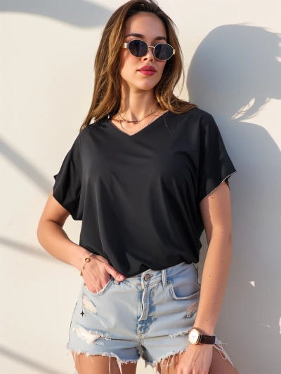 Royalfashion Viskose Damenbluse mit kurzen Ärmeln und Glitzerfinish