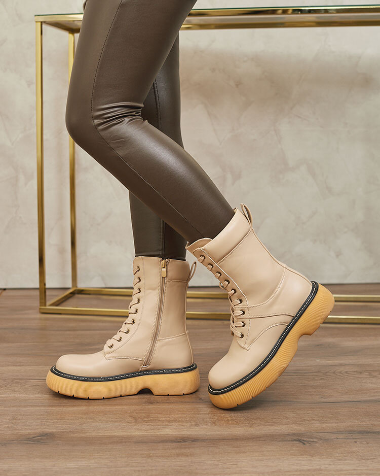 Royalfashion Beige Damen Schnürstiefel mit fester Sohle Diret