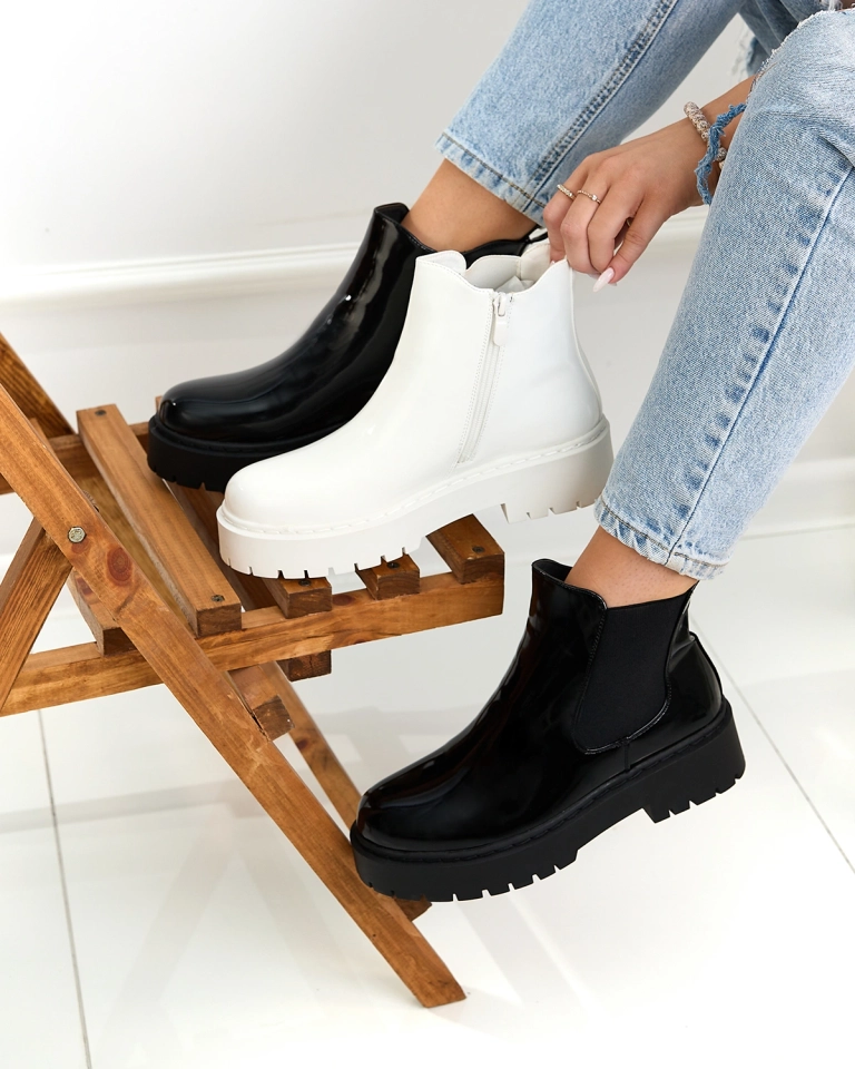 Royalfashion Schwarz lackierte Damenstiefel ohne Absatz Glossy Chic Stiefel