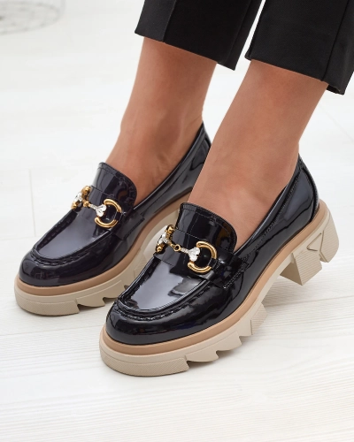 Schwarz lackierte Damenmokassins mit Kristallen Inriw - Footwear